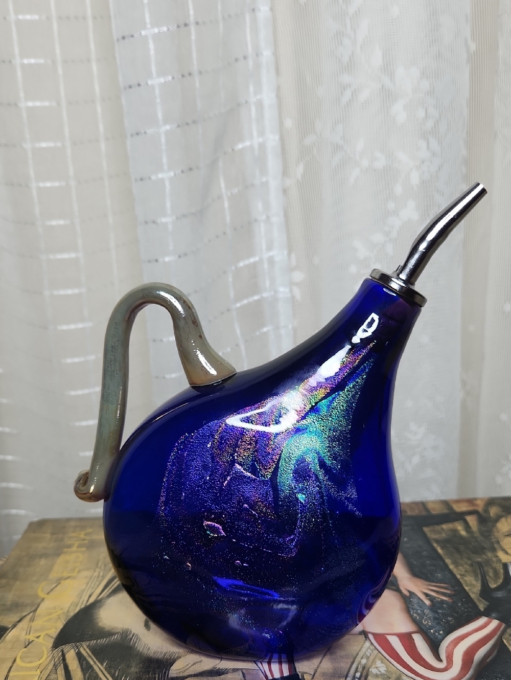 Hand-blown cobalt blue  iridescent glass cruet Glass Olive Oil Pourer